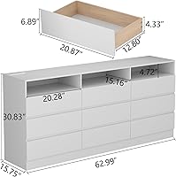 Vista 2 de Cómoda de 9 cajones con toma de corriente, cómoda moderna blanca con luces LED, cómodas de madera con soporte para TV, organizador de cómodas dobles