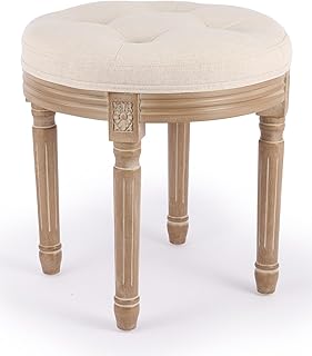 VONLUCE Ottoman Vanity Stool, 18" French Vintage Round Small Ottoman Stool with Cushion & Wood Frame, Tufted Upholstered Stool for Living Room Dining Room Entryway, Makeup Foot Stool Foot Rest, Beige