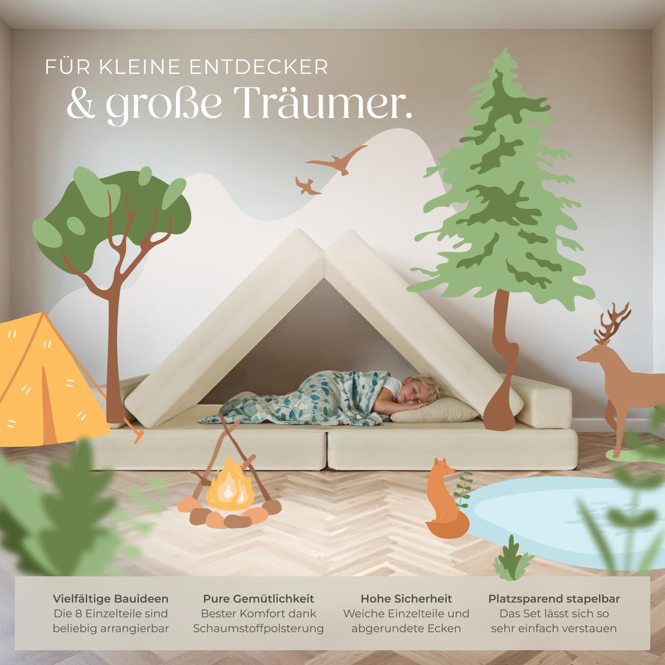 tectake® Spielsofa, Kindersofa klappbar, modulares Sofa mit Spiel- und Schlaffunktion, Möbel für Kinderzimmer, Indoor Spielplatz, Couch oder Sitzkissen, Schaumstoff Stapelsteine - 120 cm, beige