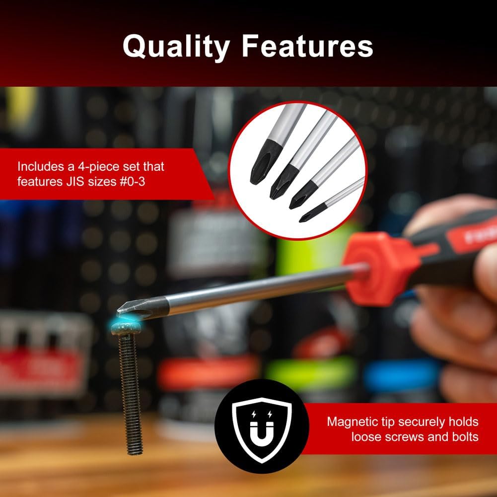 TUSK JIS Screwdriver Set 4 piece #0, #1, #2, #3 - Magnetic Tips and Molded Ergonomic Grips