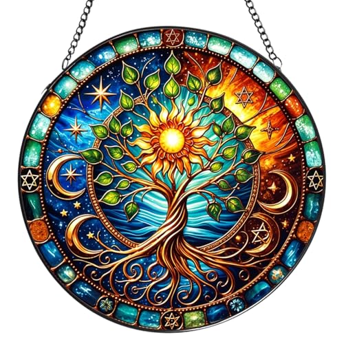 Lebensbaum Sonnenfänger Fenster, Buntglaseffekt Sonnenfänger Hängend für Fenster Wandkunst, Suncatcher mit Eisenkette Acryl Fensterdeko Hängend für Terrasse, Wand, Garten