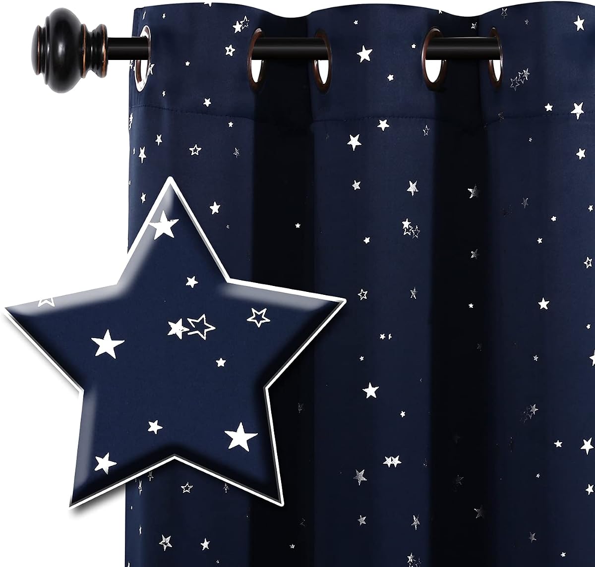 Blackout Star Curtains for Kids Room Boys Girls Twinkle Silver Stars Thermal Insulated Cute Thick Soft Curtain Drapes, Grommet Top, 1 Panel, 52" W x 84" L, Navy