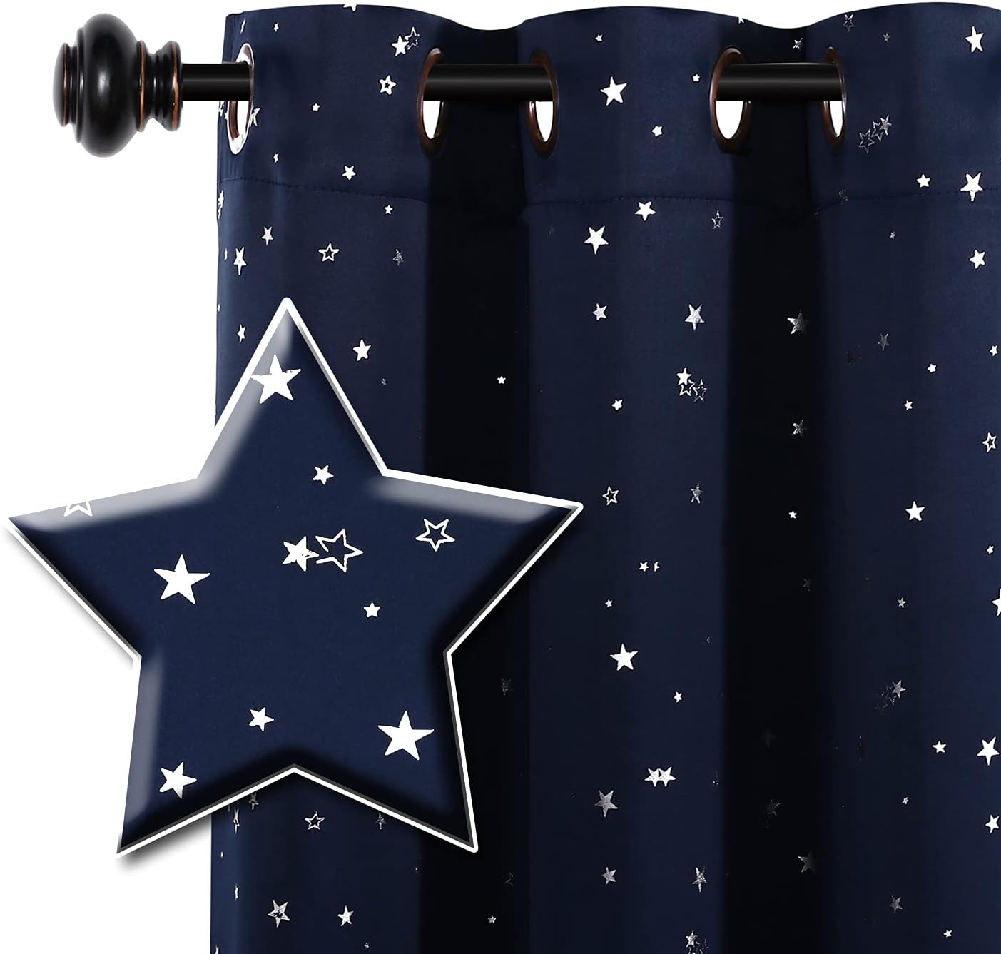 H.VERSAILTEX Blackout Star Curtains for Kids Room Boys Girls Twinkle Silver Stars Thermal Insulated Cute Thick Soft Curtain Drapes, Grommet Top, 1 Panel, 52" W x 96" L, Navy