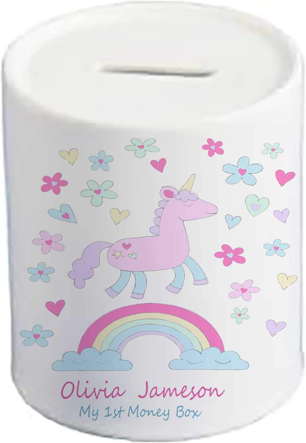 tigerlilyprints Personalised Girls Money Box, Baby Unicorn Money Box, 1st Birthday Money Box, Christening Ceramics, Godparent Gift,New Baby Money Bank