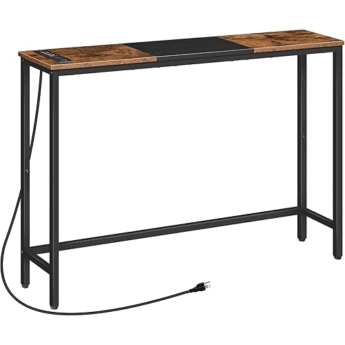 HOOBRO Narrow Console Table with Power Outlets, 44.9-Inch Sofa Table, Behind Couch Table, Entryway Display Shelf, for Living Room, Foyer, Hallway, Rustic Brown and Black BF114UXG01