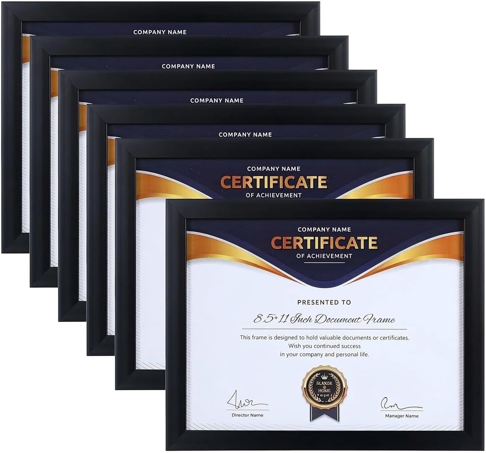 8.5x11 Certificate Document Frame Set 6 Pack Black Glass Display
