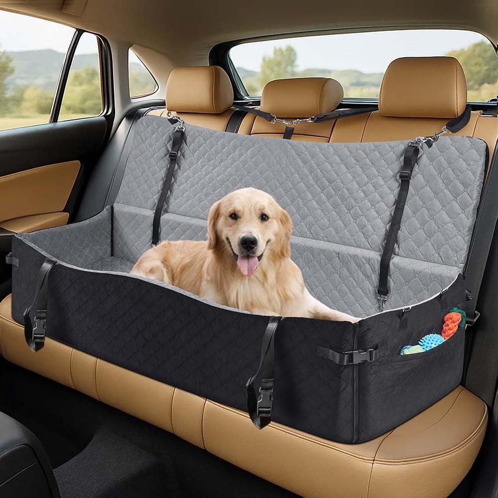 unipaws Seggiolino auto per cani di taglia media/grande fino a 55 kg, seggiolino per animali domestici con 2 cinture di sicurezza e tasche laterali, facile ingresso anteriore/laterale, letto