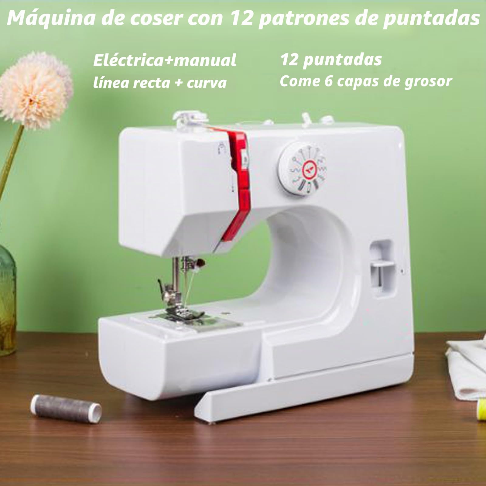 725 Máquina de Coser Eléctrica, Lámpara Integrada y 12 Tipos de Puntadas Diferentes, Mini Máquina de Coser Portátil para Principiantes, Fácil de Usar, Ideal para Ropa, Telas