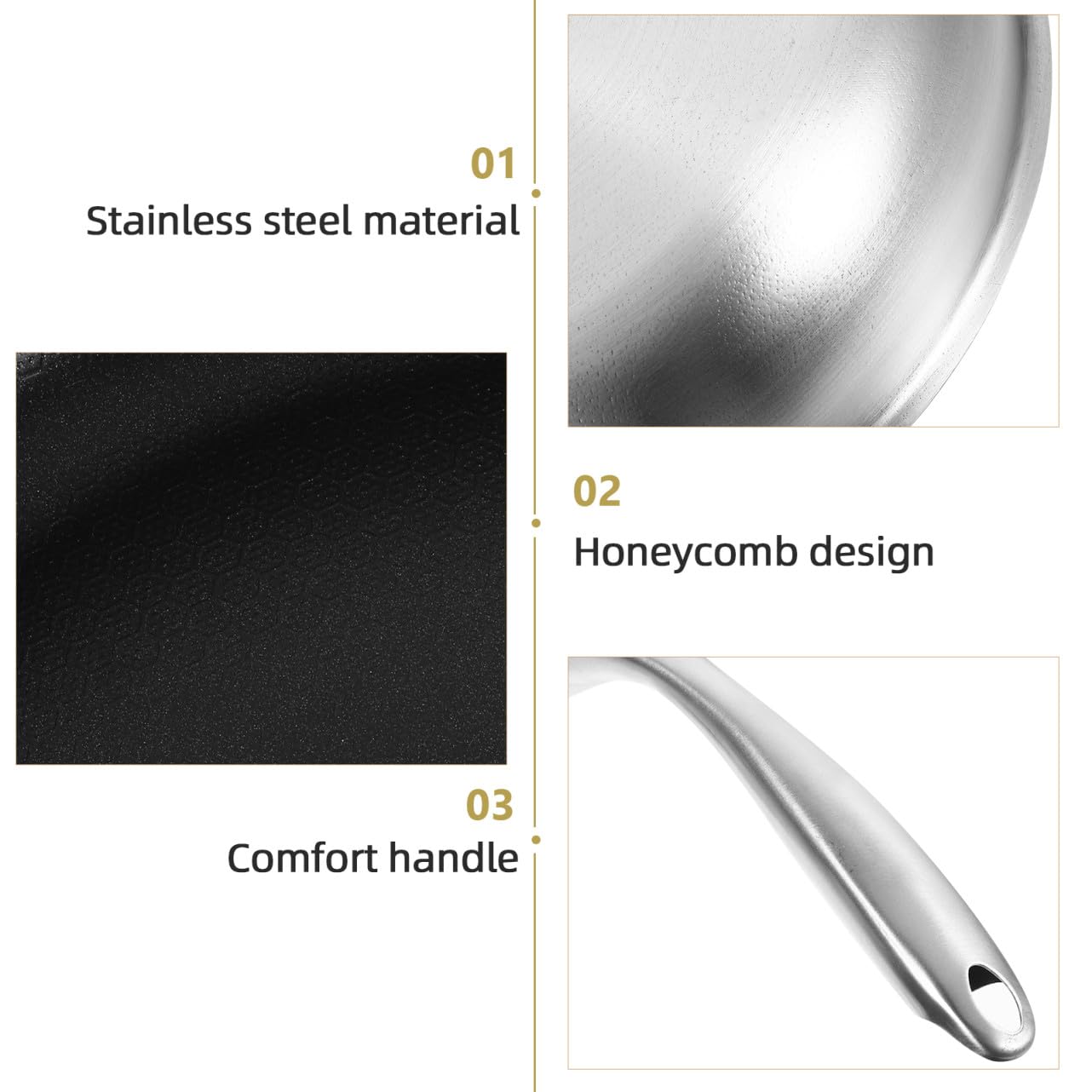 ULTECHNOVO Padella in Acciaio Inox Nido Ape Nera per Uovo e Bistecca | Struttura Honeycomb, Impugnatura Ergonomica e Leggera, Uso Domestico, Riduce Consumo D'olio