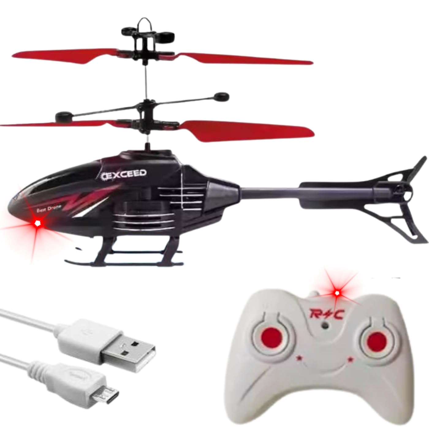 KIDZYMON® Outdoor and Indoor Flying Helicopter with Remote Control | Electronic Radio RC Remote Control Toy | Charging Helicopter with 3D Light & Safety Sensor for Kids - Pack of 1 (Black Red)
