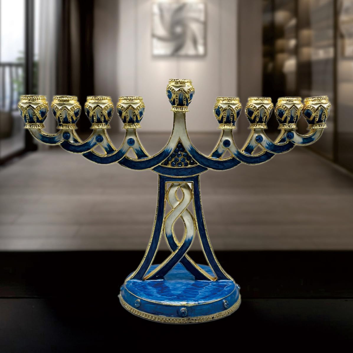 Menorah Candelabro Vintage a 9 Bracci in Metallo Blu