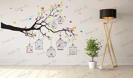 Delight Art Beautiful Tree with Birds and Hanging Cages Design Wall Sticker Size - (100 * 69) cm