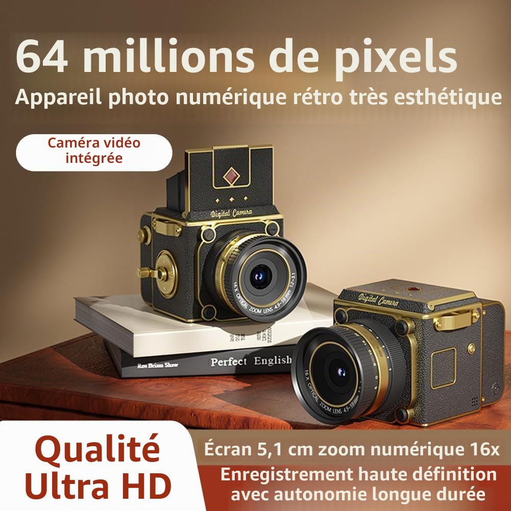 Appareil photo numérique vintage rétro 64 MP 4K FHD Mini appareil photo pour tous les âges, boîtier en ABS, compatible avec carte SD, pour vlogging et photographie quotidienne, compact et léger (noir)