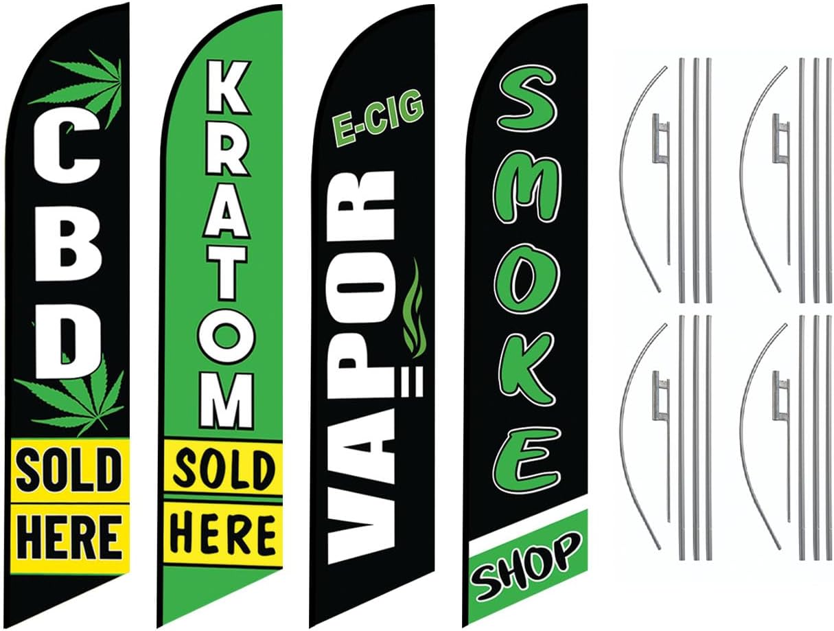 CBD Kratom Sold HereE-Cig Vapor Smoke Shop Advertising Feather Flag Kits Package, Includes 3 Banner Flags, 3 Flag Poles, and 3 Ground Stakes FFN