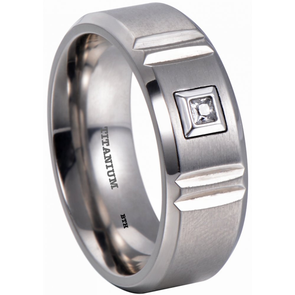 Mens Titanium 8mm Cubic Zirconia Wedding Engagement Comfort Band Ring