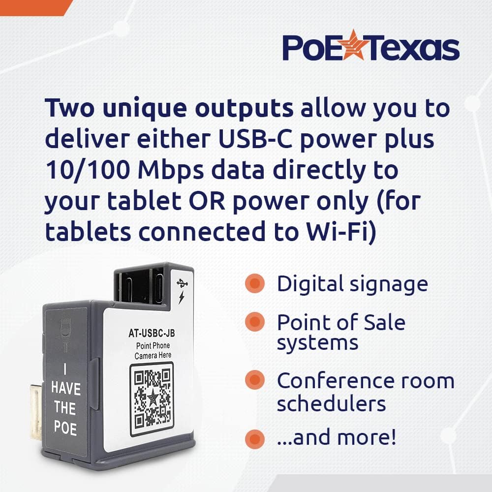 PoE Texas PoE+ Power and Data Adapter for USB-C Tablets & Devices for POS, Digital Signage, & More and PoE Injector - Single Port PoE+ Power Over Ethernet PoE Adapter for 802.3at