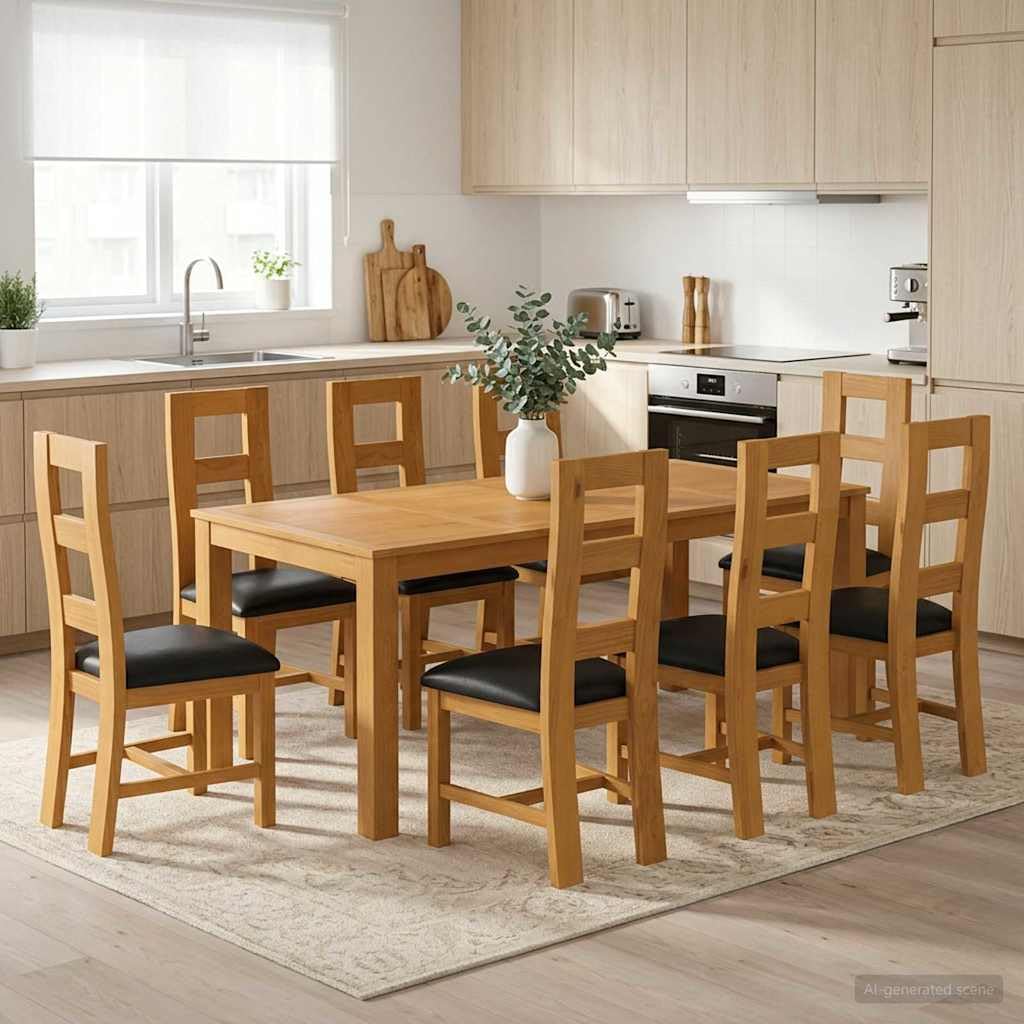 Set Da Pranzo 9 Pezzi Nero Legno Di Quercia Massello Con Tavolo E Sedie