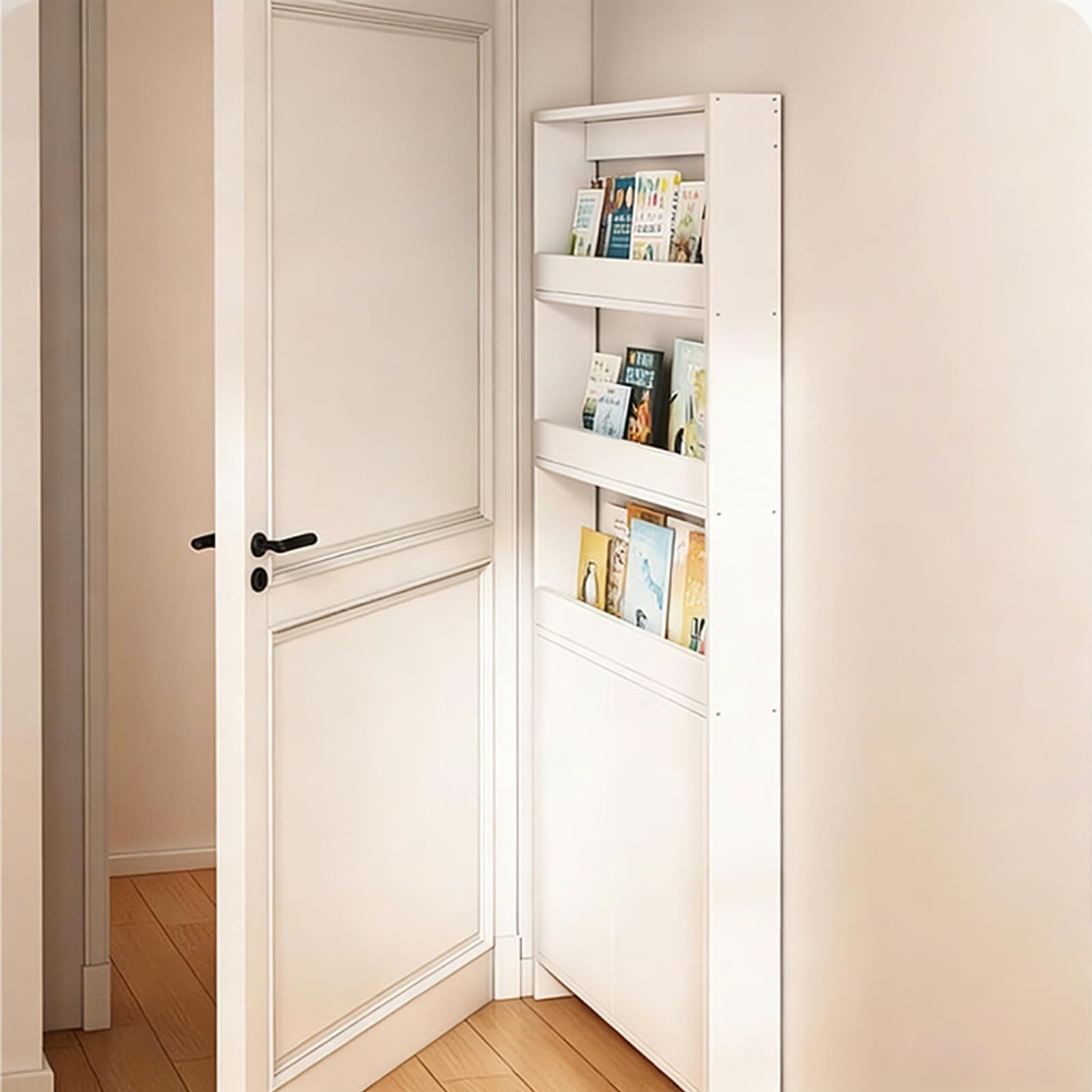 Libreria Stretta Dietro la Porta Libreria Ultrasottile in Legno Massello da Posizionare Dietro le ante con Maggiore Spazio tra i Ripiani e Design a Deflettore Adatta per l'uso Dietro le ant A款 23.6in