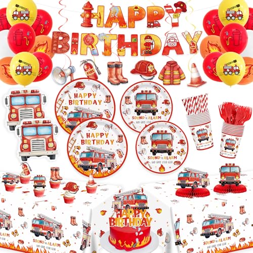 162pcs Firetruck Birthday Party Supplies Fire Truck Plates and Napkins Paper Cups Disposable Tablecloth Banner Firefighter Party Decorations Serve 20 Guests