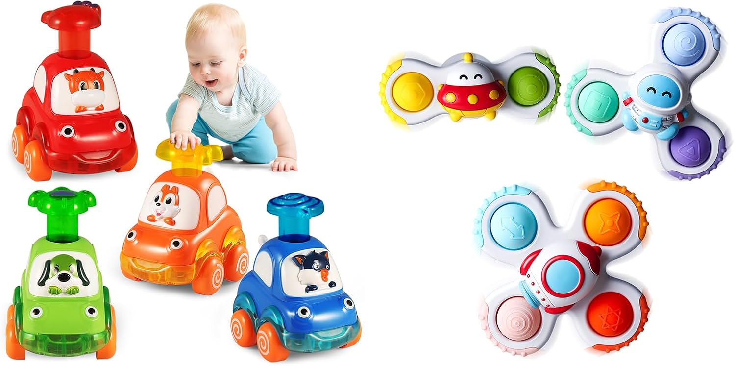 ALASOU 4 PCS Animal Car Toys and 3 PCS Suction Cup Rotating Toys for Infant and Toddlers