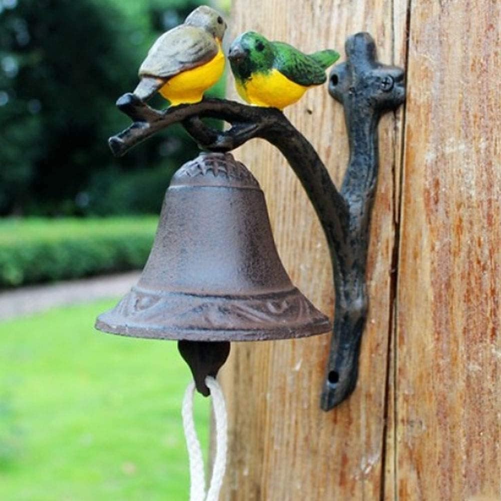 Cast Iron Wall Bell - Decorative Hand-Painted Lovely Birds Hand Bell - Manually Shaking Wall Hanging Doorbell - Indoor Outdoor Wall Mounted Dinner Bell - Garden Home Wall Decoration