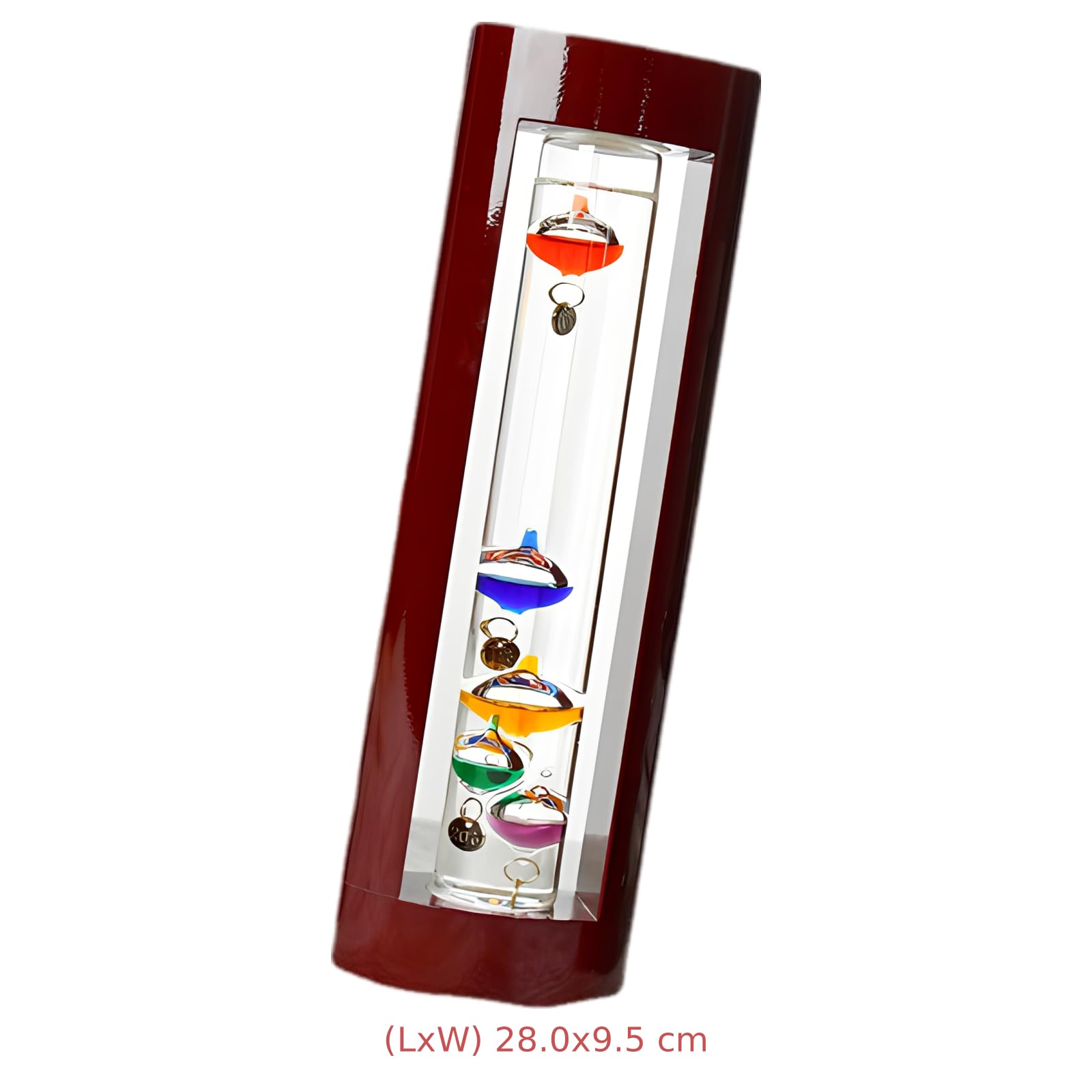 Galileo-Thermometer für den Innenbereich, 11 Zoll / 28 cm, Rahmen in Kirschholzoptik, 5 farbige Glaskugeln und Metallanhänger, Wetteranzeiger für Zuhause, Büro und Geschenkidee