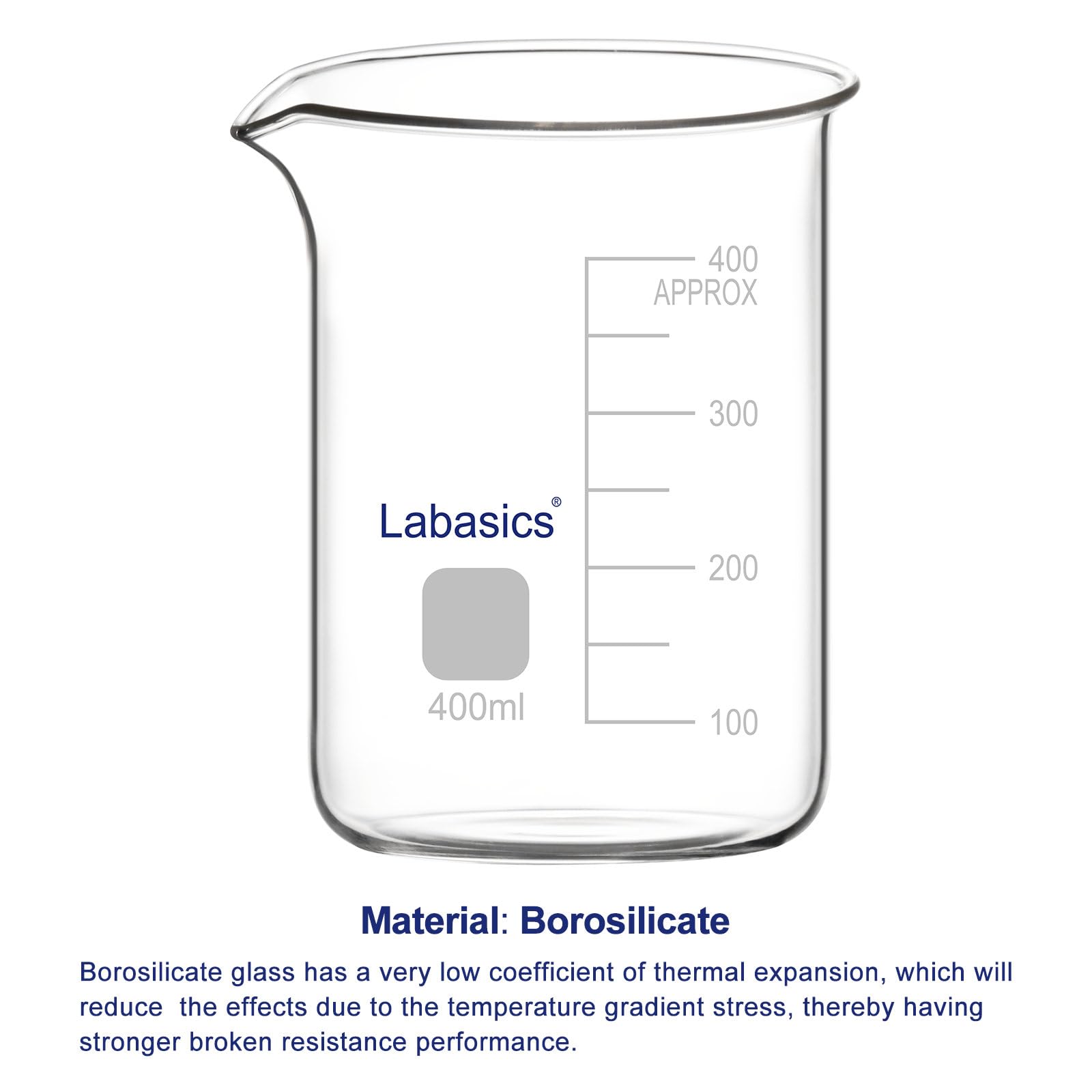 Labasics Bicchiere di Vetro, 1 Confezione, Bicchiere di Vetro Borosilicato a Forma Bassa Graduato Griffin con Beccuccio Versatore, 400 ml, Resistenza ad Alta Temperatura, Uso in Laboratorio