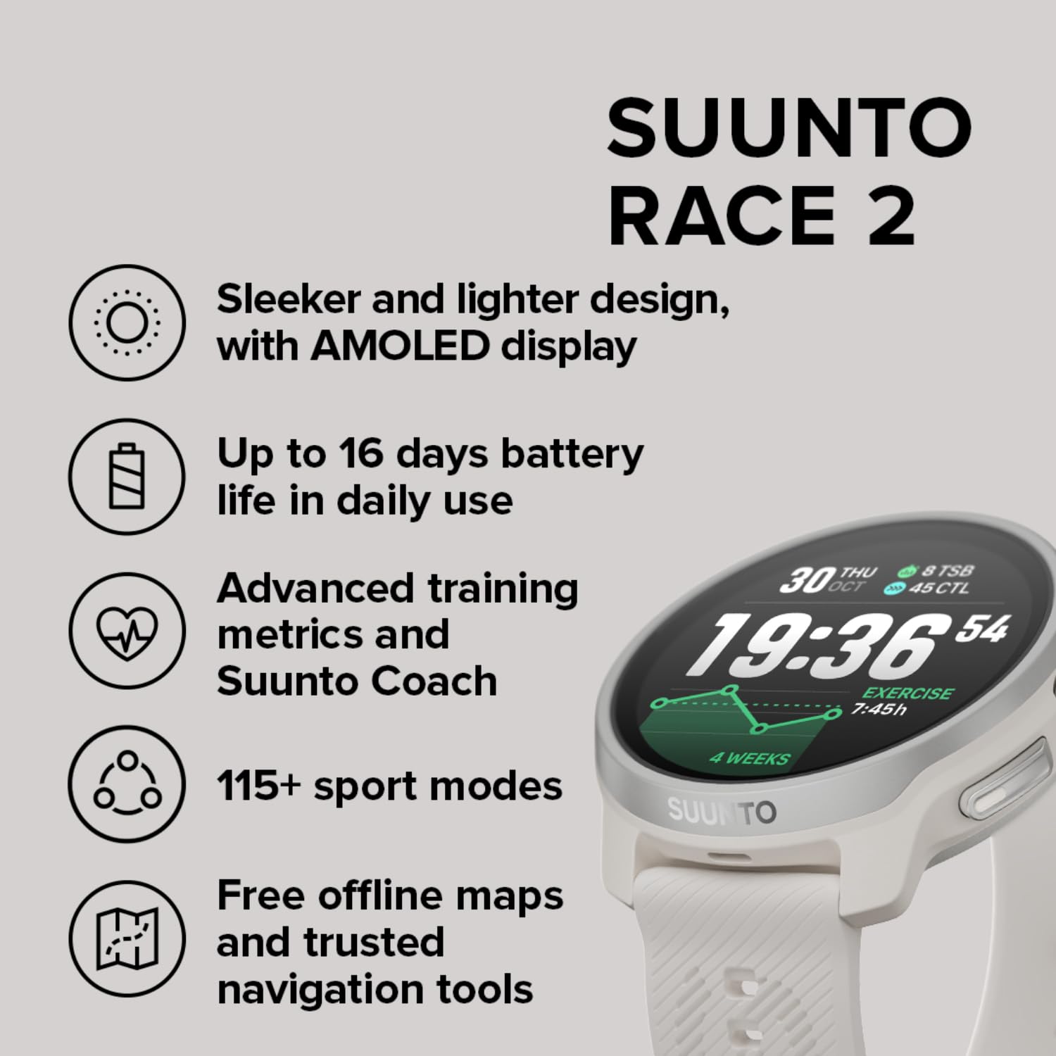 SUUNTO Reloj deportivo Race 2 GPS, pantalla táctil AMOLED de 1.5 pulgadas con corona, 16 días de duración de la batería, métricas de entrenamiento e información de recuperación, doble GNSS, mapas