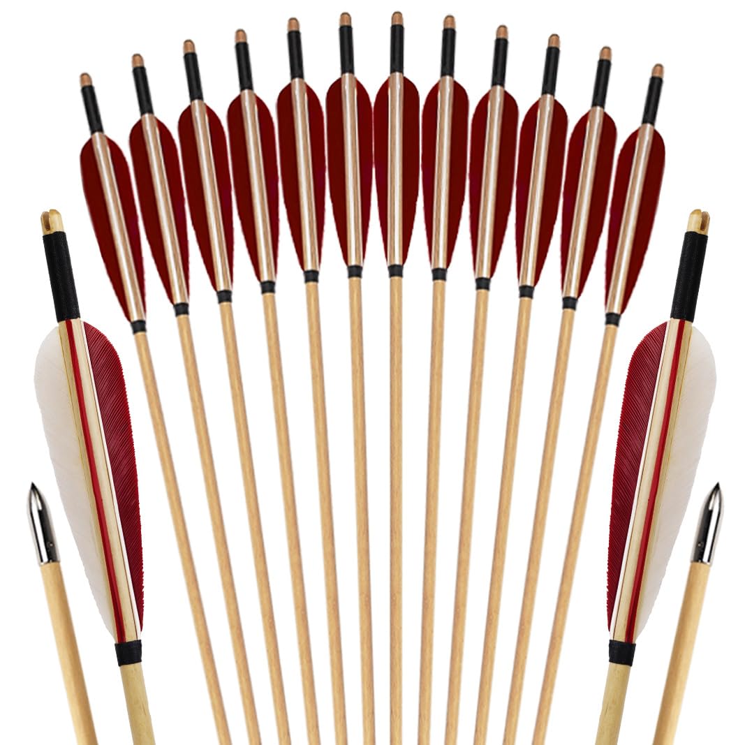 12 Pcs Archery Wooden Arrows with Feathers Handmade Targeting Arrows for Traditional Bow Recurve Bow Longbow for Adults 31inch
