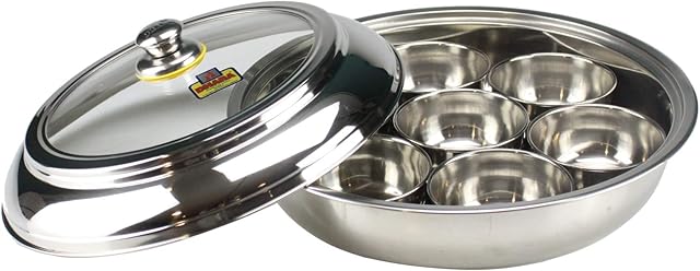 8PC Stainless Relish Chutney Pickle Dish Bowls Tray Thali Multipurpose Serving Dry Fruits Nuts Dips Sauces Condiments Tray Set Stainless Steel Spice Tin Masala Dabba with 7 Compartments Bowls