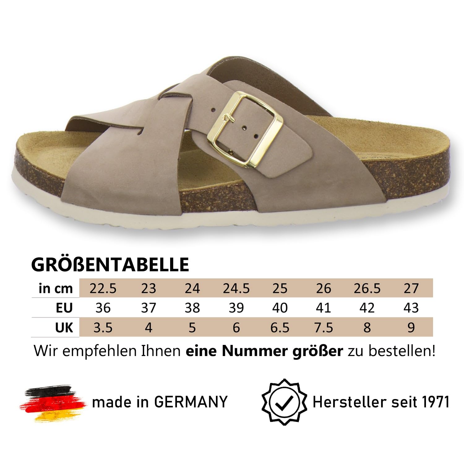 AFS-Schuhe 2141 - Mules tendance pour femme - En cuir véritable - Sandales d'été avec grande boucle - Fabriquées à la main en Allemagne
