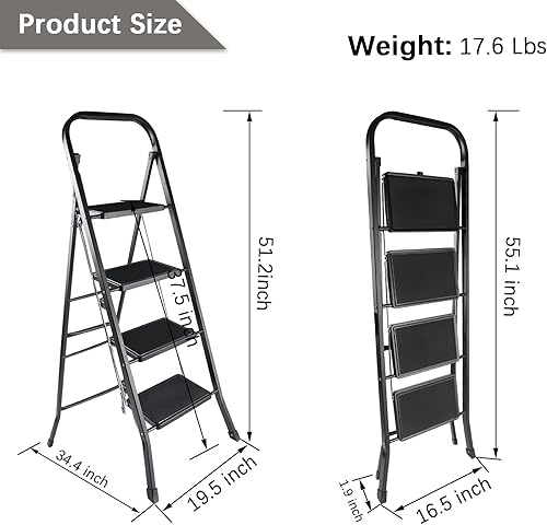 Miniatura 3 de YSSOA Escalera de 4 escalones, taburete plegable con pedal antideslizante ancho, escalera de acero resistente de 330 libras, mango cómodo, ligero,
