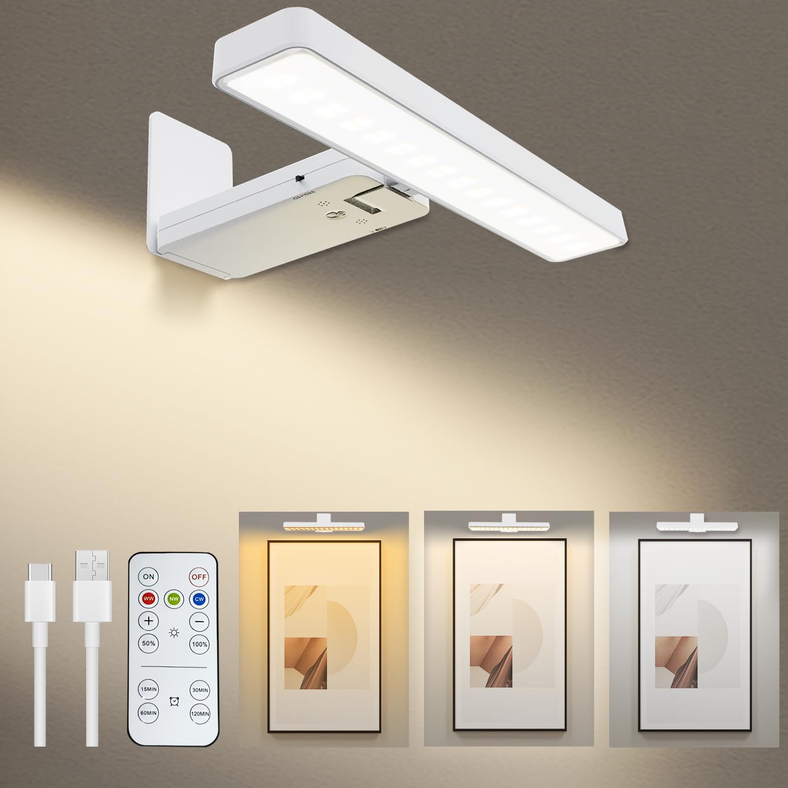 Picture Lights for Wall, 4500mAh Rechargeable Battery Painting Lights with 3 Color Temps,Remote Dimmable Timer Poster Light,Wall Decor Light for Art Display,Frame