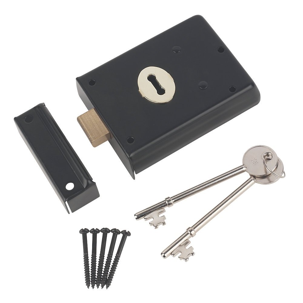 Door Lock Deadlock with 2 Keys and Keep for Rim Surface Mounting Supplied with Screws - Black Finish