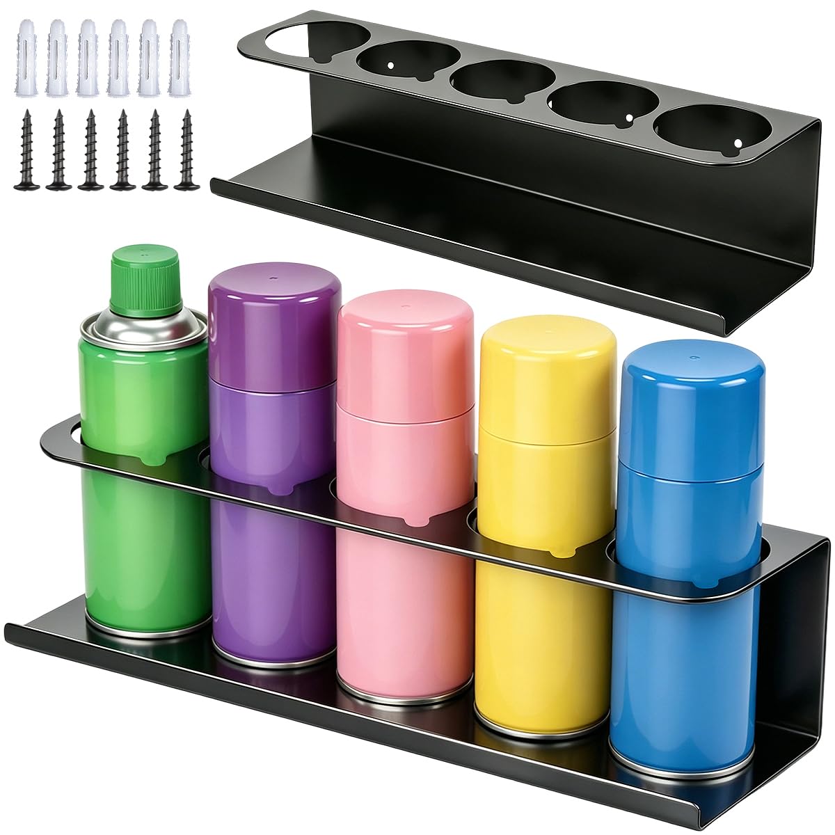 2 soportes para latas de aerosol de acero al carbono negro para 5 latas de 7,6 cm, soporte para latas de taller con tubo de expansión y tornillos, accesorios para garaje, taller, caravana