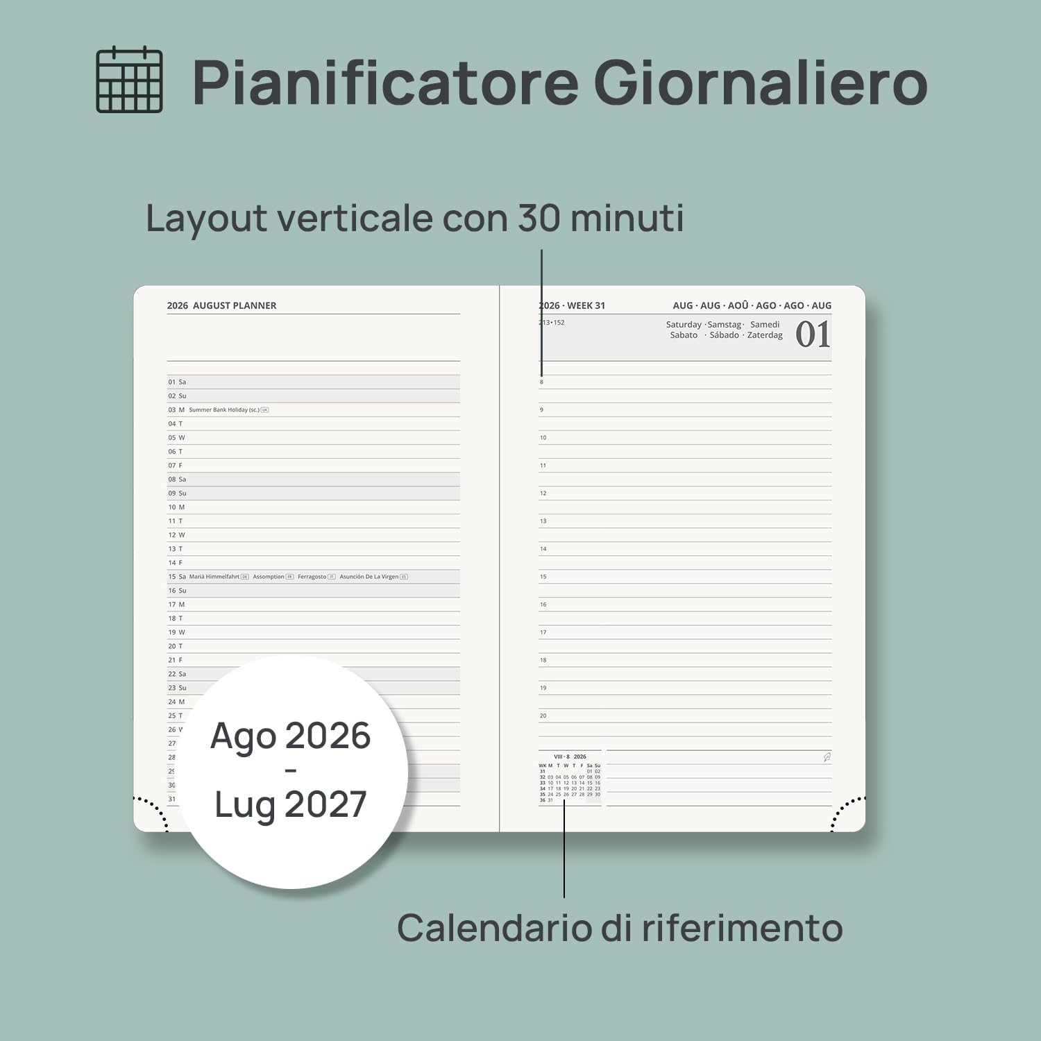 POPRUN Agenda 2026 2027 Giornaliera A5, Daily Planner 21,5 x 14,5 cm 12 Mesi da Ago.2026 a Lug.2027, 1 Giorno 1 Pagina da Lun a Dom con Schede Mensili, Carta Spessa da 80 GSM, Verde Pacifico