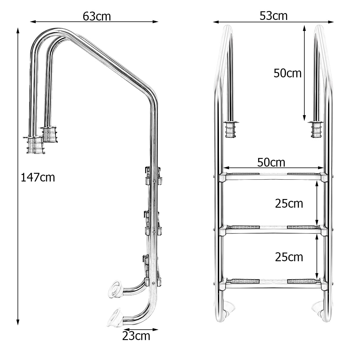 SOARS Poolleiter Edelstahl 3 Stufen, Pooltreppe mit Handlauf & rutschfesten Stufen, Schwimmbadleiter bis 150 kg belastbar, Einstiegsleiter, Einbauleiter, 53 x 63 x 147 cm