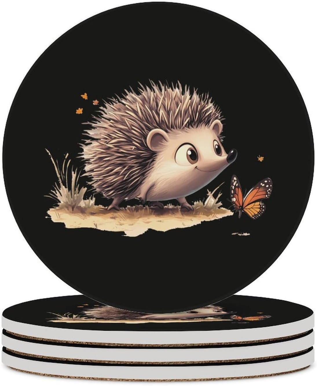 Hedgehog Butterfly Coasters for Drink Round Ceramic Coaster with Cork Base Home Decorative 4PCS