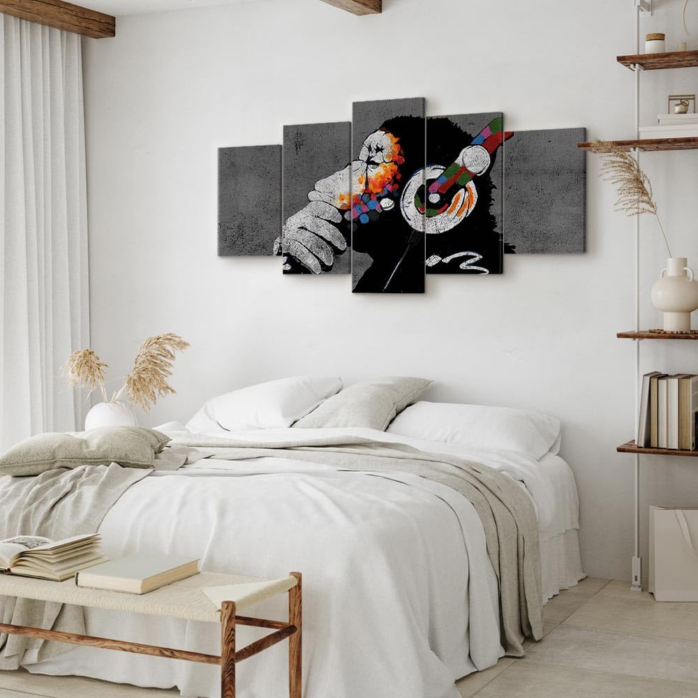 murando Cuadro en Lienzo DJ Mono 200x100 cm 5 partes Impresión en Material Tejido no Tejido Impresión Artística Imagen Gráfica Decoracion de Pared Banksy Animales Concreto Musica g-A-0288-b-m