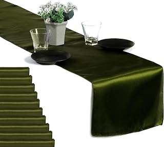 MDS Pack of 10 Satin Table Runners 12 x 108 Inch Long Wedding Sateen Bright Silk Smooth Table Runner for Wedding Reception Birthday Graduation Party Event Banquet Dinner Decoration - Olive Green