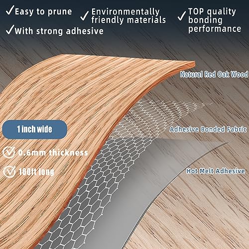 Image of Red Oak Edge Banding, 1 inch x 100ft roll of Real Wood Edge Banding Pre-glued Flexible, Veneer Tape for Cabinet Repair and Furniture Restoration