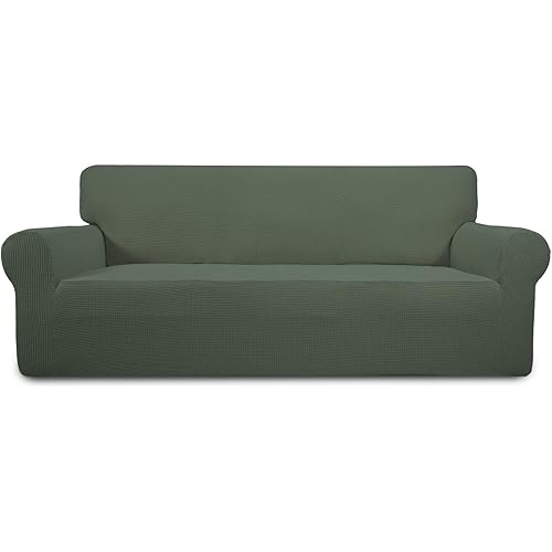 PureFit Stretch Sofa Slipcover – Spandex Jacquard Non Slip Soft Couch Sofa Cover, Washable Furniture Protector with Non Skid Foam and Elastic Bottom for Kids (Sofa, Greyish Green)