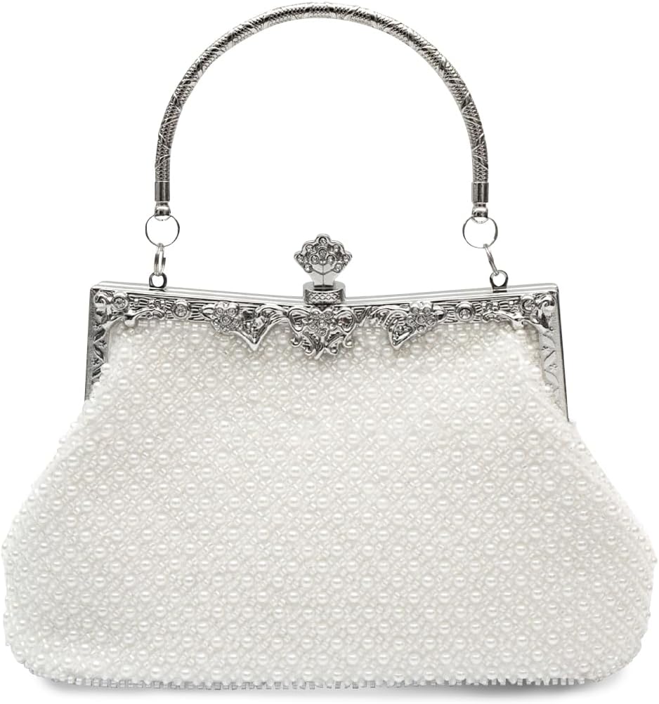 CORIOS Pearl Evening Bag for Women Beaded Clutch Bag Bridal Wedding Purse Rhinestone Handbag Elegant Crystal Shoulder Bag