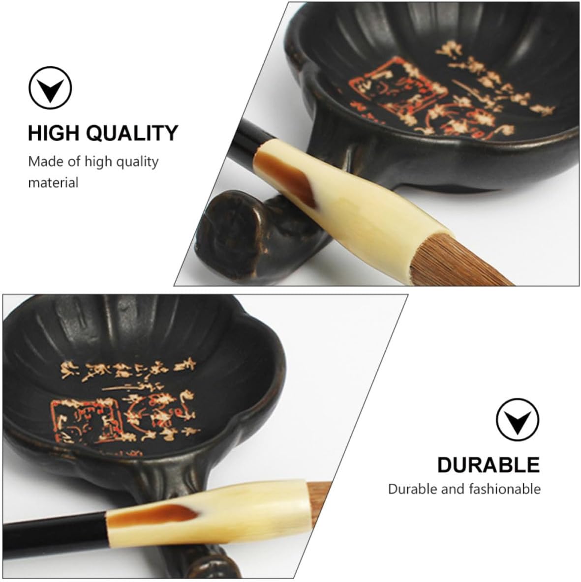 MAGICLULU 2pcs Ceramic Ink Plate Flower Shaped Calligraphy Ink Dish with Smooth Surface and Handle Design for Painting and Calligraphy Use Black Floral Design for Students and Beginners