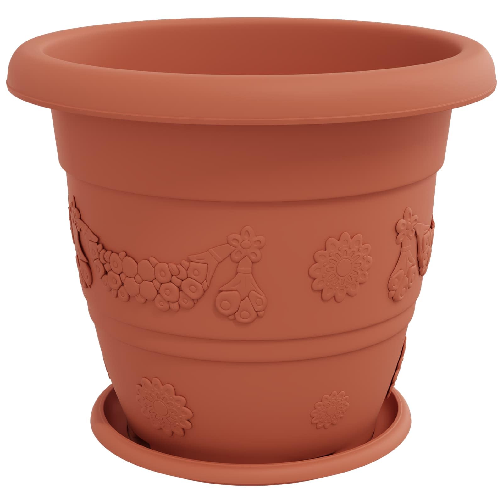 24er Set Blumentöpfe Ø 39 cm Ziegelrot, Moderne Pflanzkübel aus Kunststoff für Außen und Innen, Große Runde Pflanzgefäße mit Drainage für Garten Terrasse Balkon, 39x32 cm