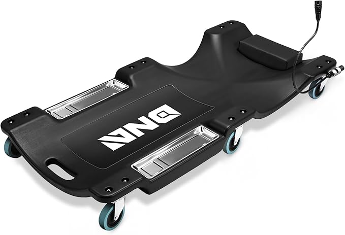 DNA Motoring 40 Inch Low Profile Plastic Rolling Garage Shop Floor Creeper with LED Light, Padded Headrest, Dual Tool Trays, Casters, Red, TOOLS-00389