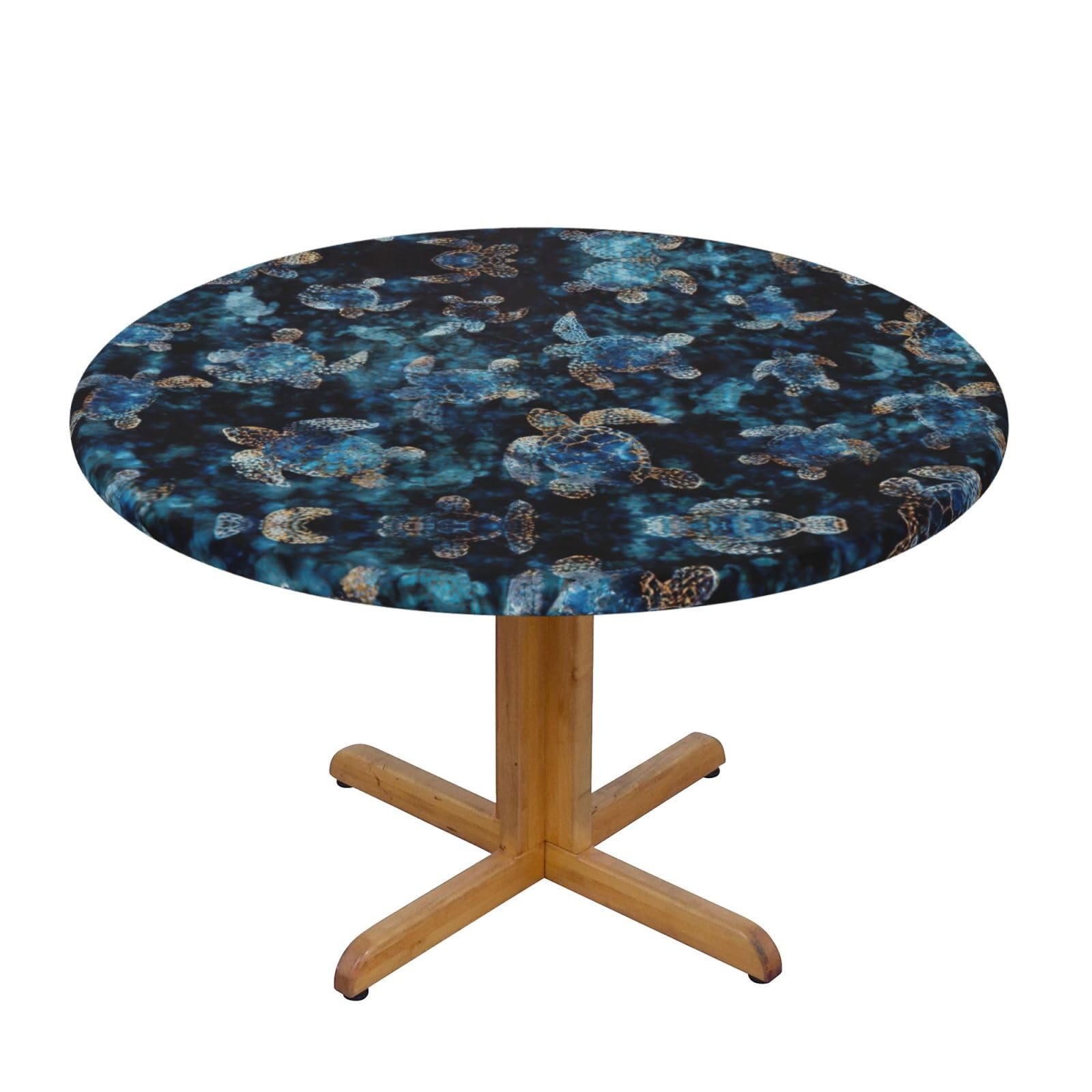 DUWAA Sea Turtle Print Oxford Fitted Table Cover For Patio Picnic, Waterproof Round Tablecloth For Home And Outdoor