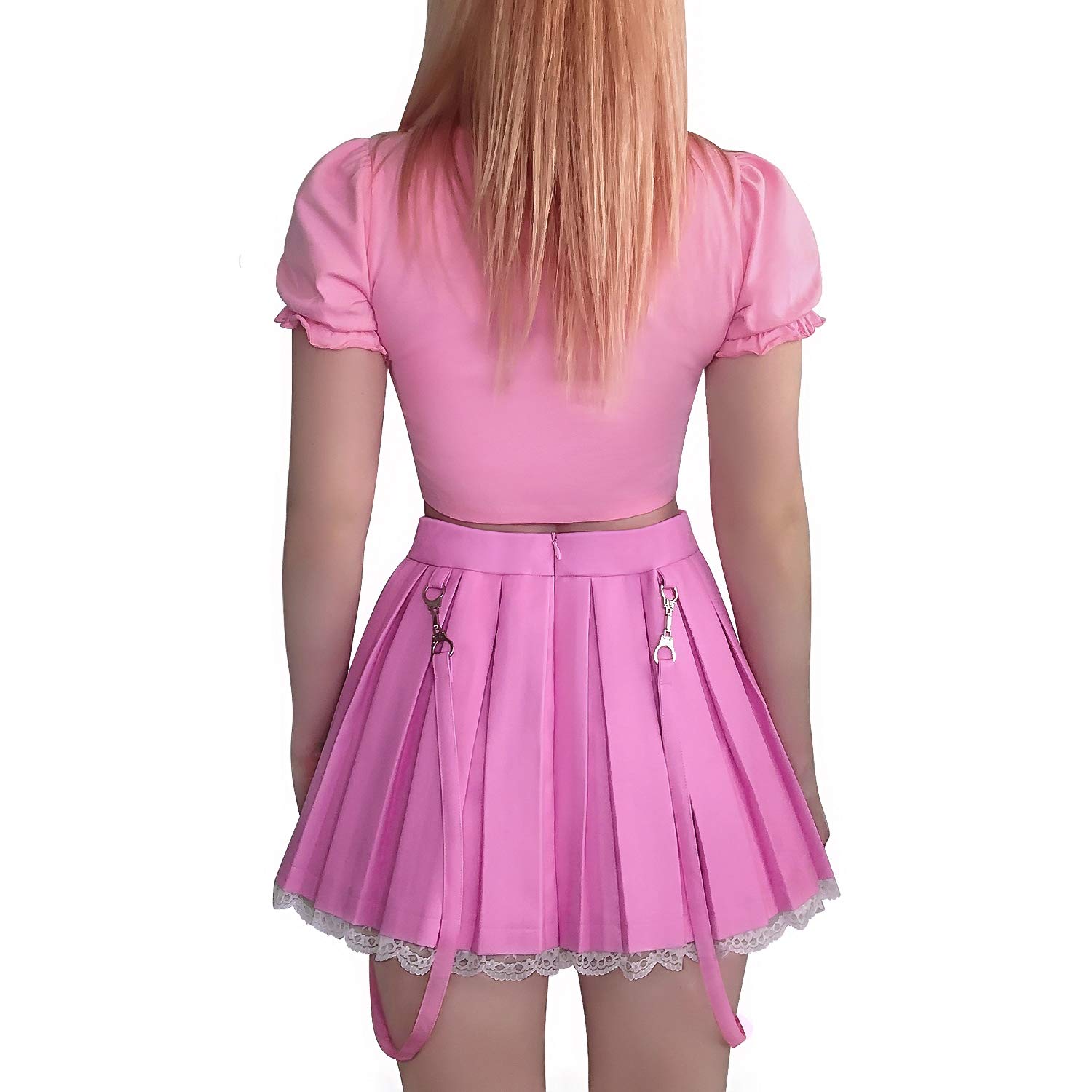 Littleforbig Women's A-Line Pleated Faux Leather Flared Casual Lace Trim Mini Skirts - Troublemaker: 3X-Large Pink