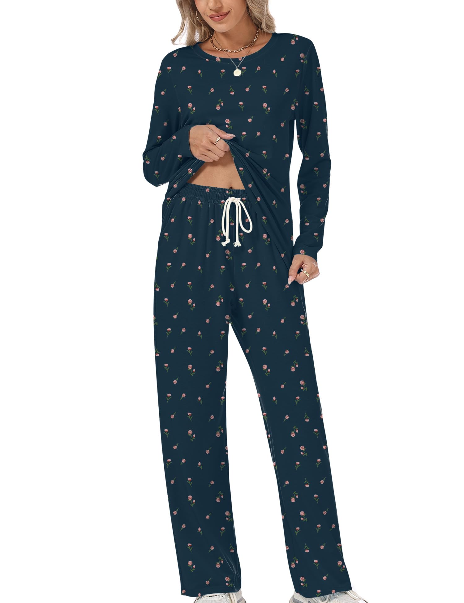 Rapbin Schlafanzug Damen Lang Pyjama Set Zweiteiliger Nachtwäsche Loungewear Damen Schlafen Oberteil und Schlafanzughose mit Taschen