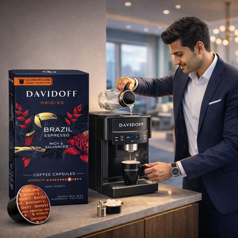 Image of Davidoff Origins Brazil Espresso Coffee Capsules (10 Pods) 55g Box By Cougar | 100% Arabica Coffee | Rich & Balanced Espresso | Intensity 8 | Aluminium Capsules Compatible with Nespresso Machines - (Imported)